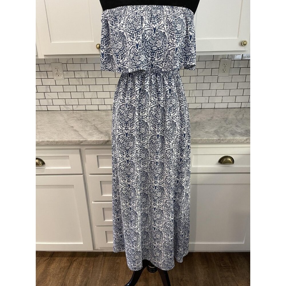 YIDARTON Dress Womens Large‎ Blue Paisley Strapless Ruffle Maxi Sundress Boho